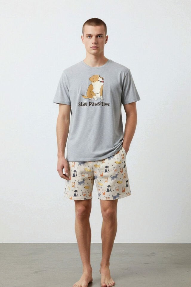 Erkek Pamuklu Köpek Desenli Eğlenceli Cepli Şortlu Pijama Takımı Gri - Sarı - XL