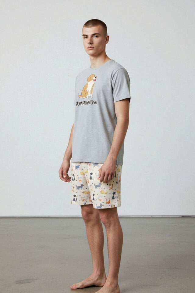 Erkek Pamuklu Köpek Desenli Eğlenceli Cepli Şortlu Pijama Takımı Gri - Sarı - XL