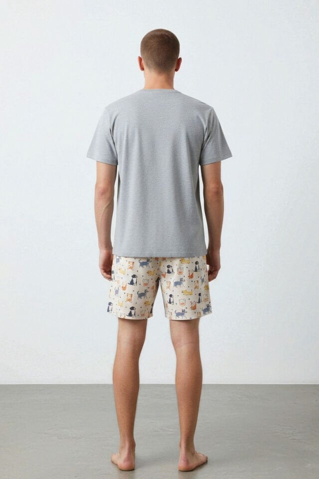 Erkek Pamuklu Köpek Desenli Eğlenceli Cepli Şortlu Pijama Takımı Gri - Sarı - XL