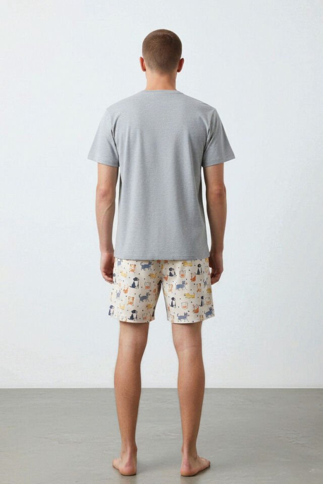 Erkek Pamuklu Köpek Desenli Eğlenceli Cepli Şortlu Pijama Takımı Gri - Sarı - XL