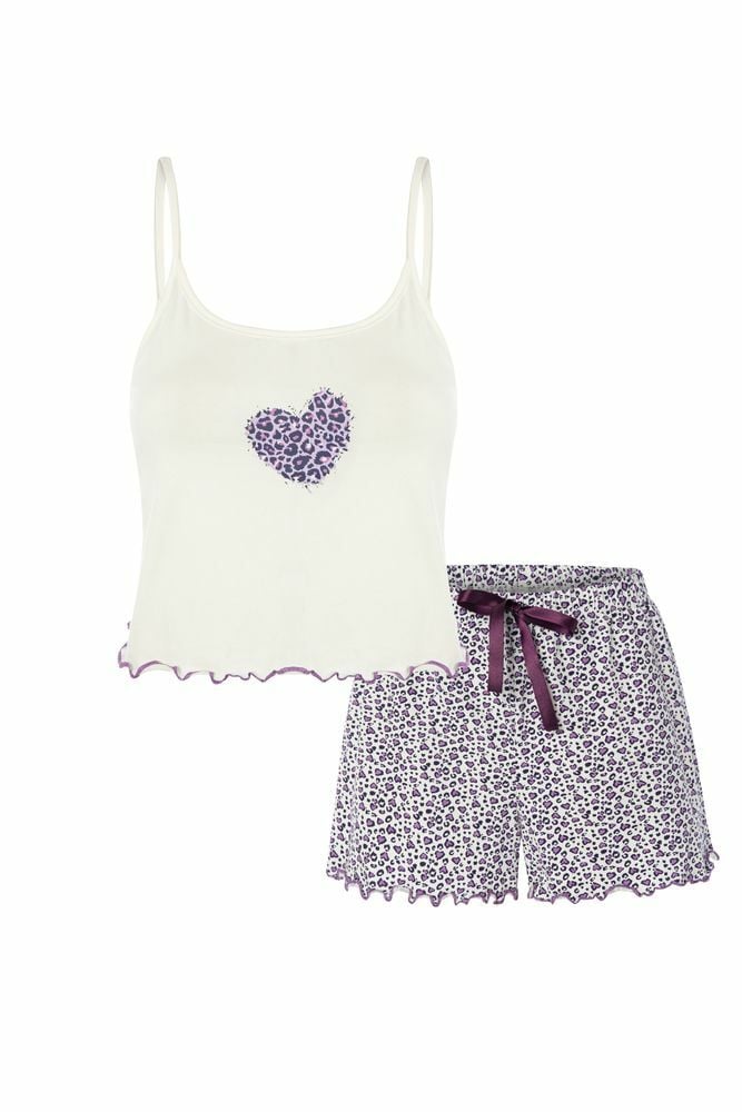 Kadın İnce Askılı Pamuklu Leopar Desenli Crop Top Şortlu Pijama Takımı Çok Renkli - M