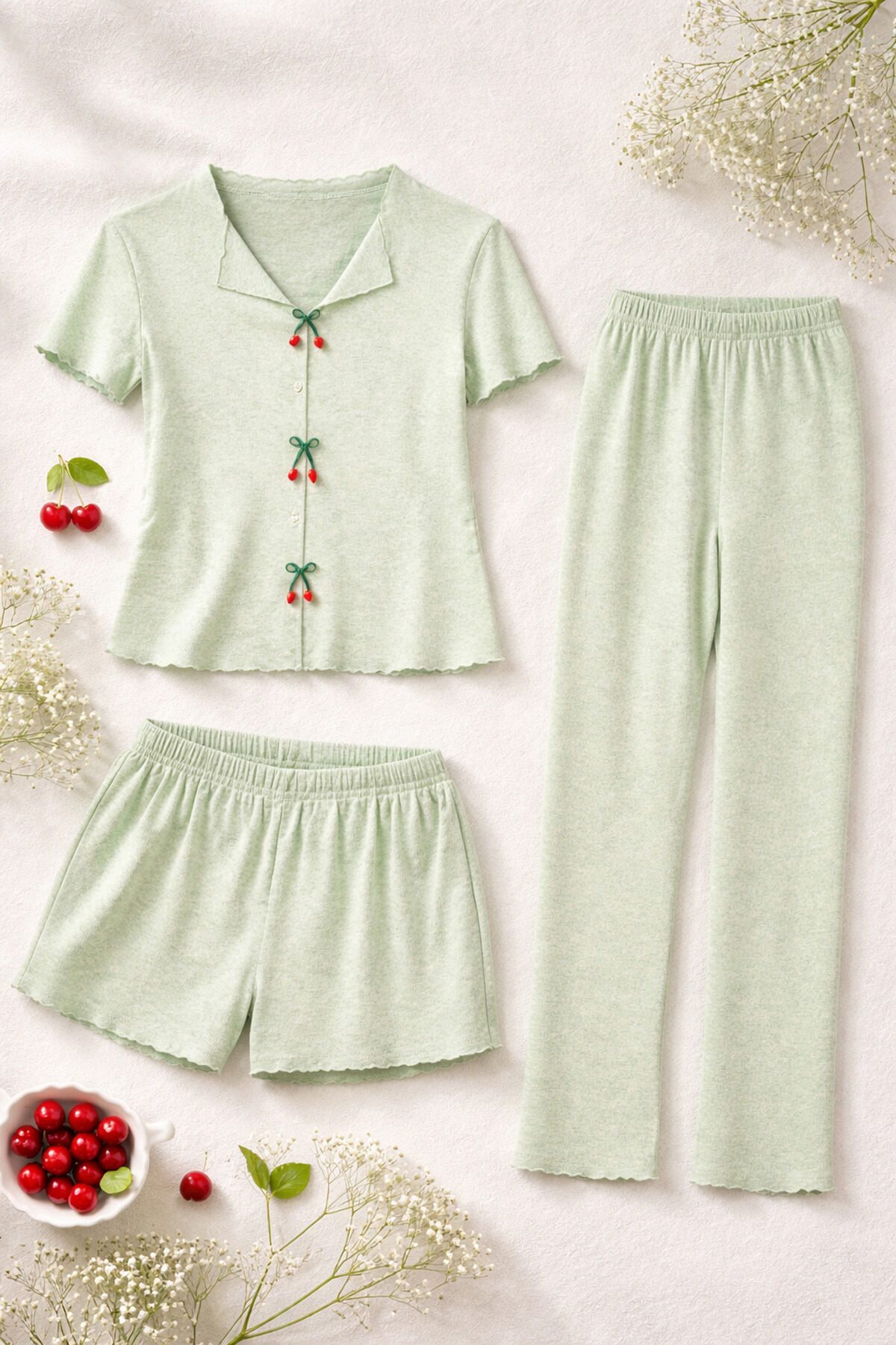 Kadın Pamuklu 3'lü Yeşil Fiyonklu Kaşkorse Pijama Takımı XL - Yeşil