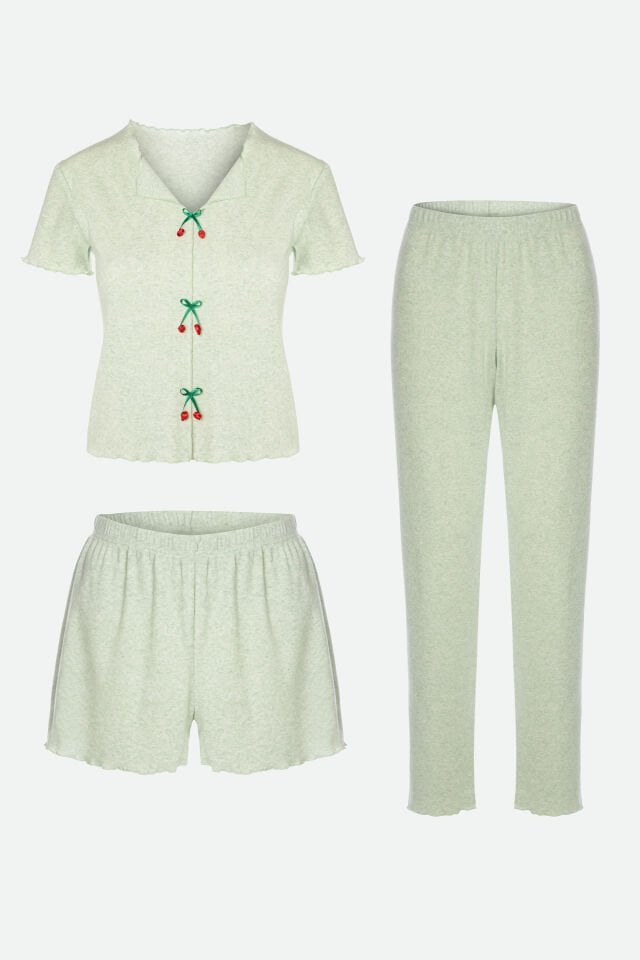 Kadın Pamuklu 3'lü Yeşil Fiyonklu Kaşkorse Pijama Takımı XL - Yeşil