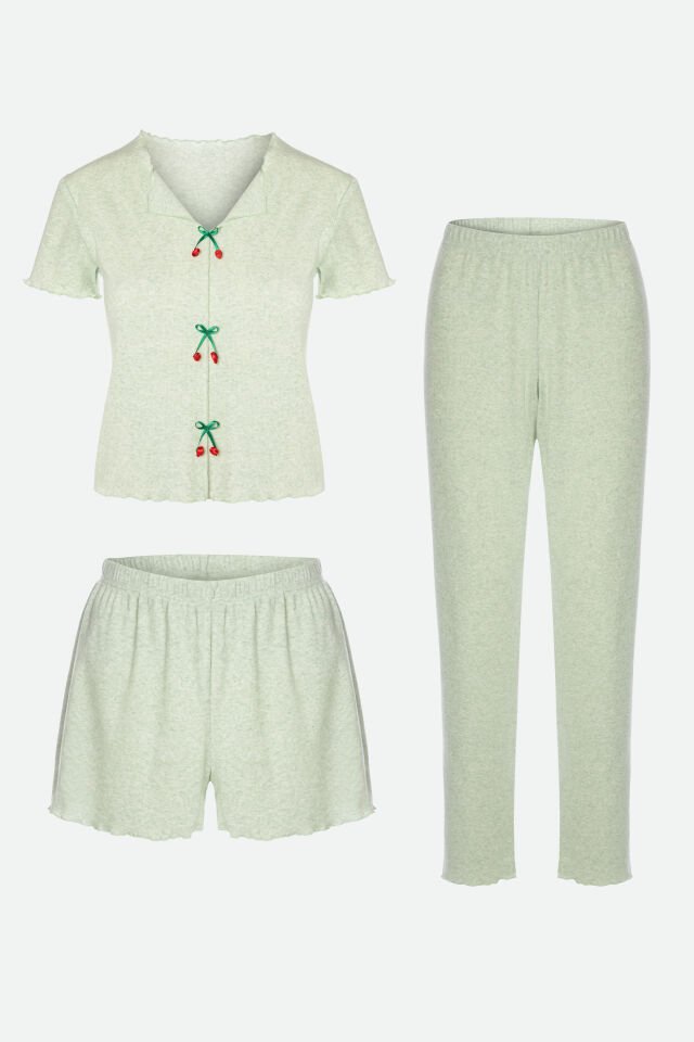 Kadın Pamuklu 3'lü Yeşil Fiyonklu Kaşkorse Pijama Takımı XL - Yeşil