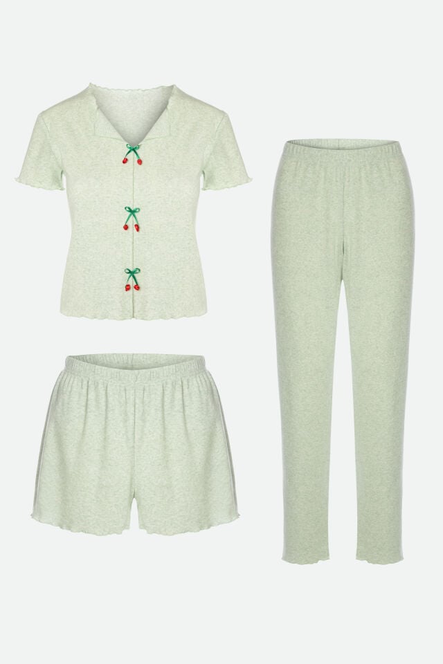 Kadın Pamuklu 3'lü Yeşil Fiyonklu Kaşkorse Pijama Takımı XL - Yeşil