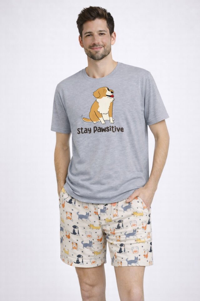 Erkek Pamuklu Köpek Desenli Eğlenceli Cepli Şortlu Pijama Takımı Gri - Sarı - 2XL