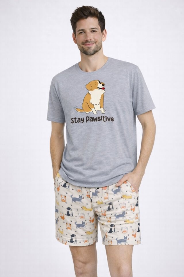 Erkek Pamuklu Köpek Desenli Eğlenceli Cepli Şortlu Pijama Takımı Gri - Sarı - 2XL