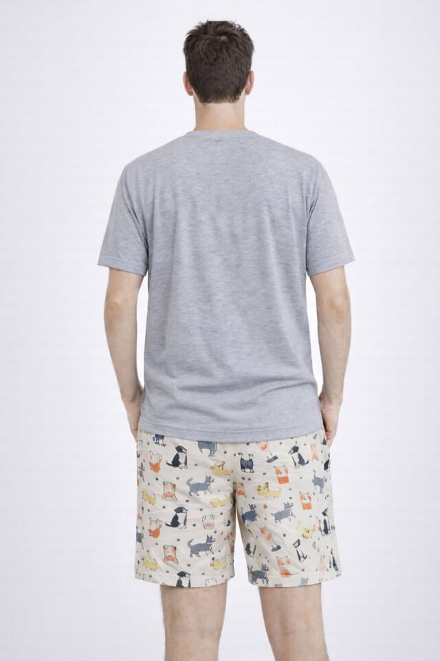 Erkek Pamuklu Köpek Desenli Eğlenceli Cepli Şortlu Pijama Takımı Gri - Sarı - 2XL