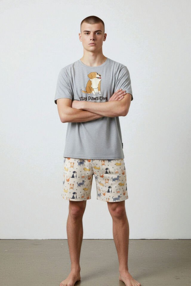 Erkek Pamuklu Köpek Desenli Eğlenceli Cepli Şortlu Pijama Takımı Gri - Sarı - 2XL
