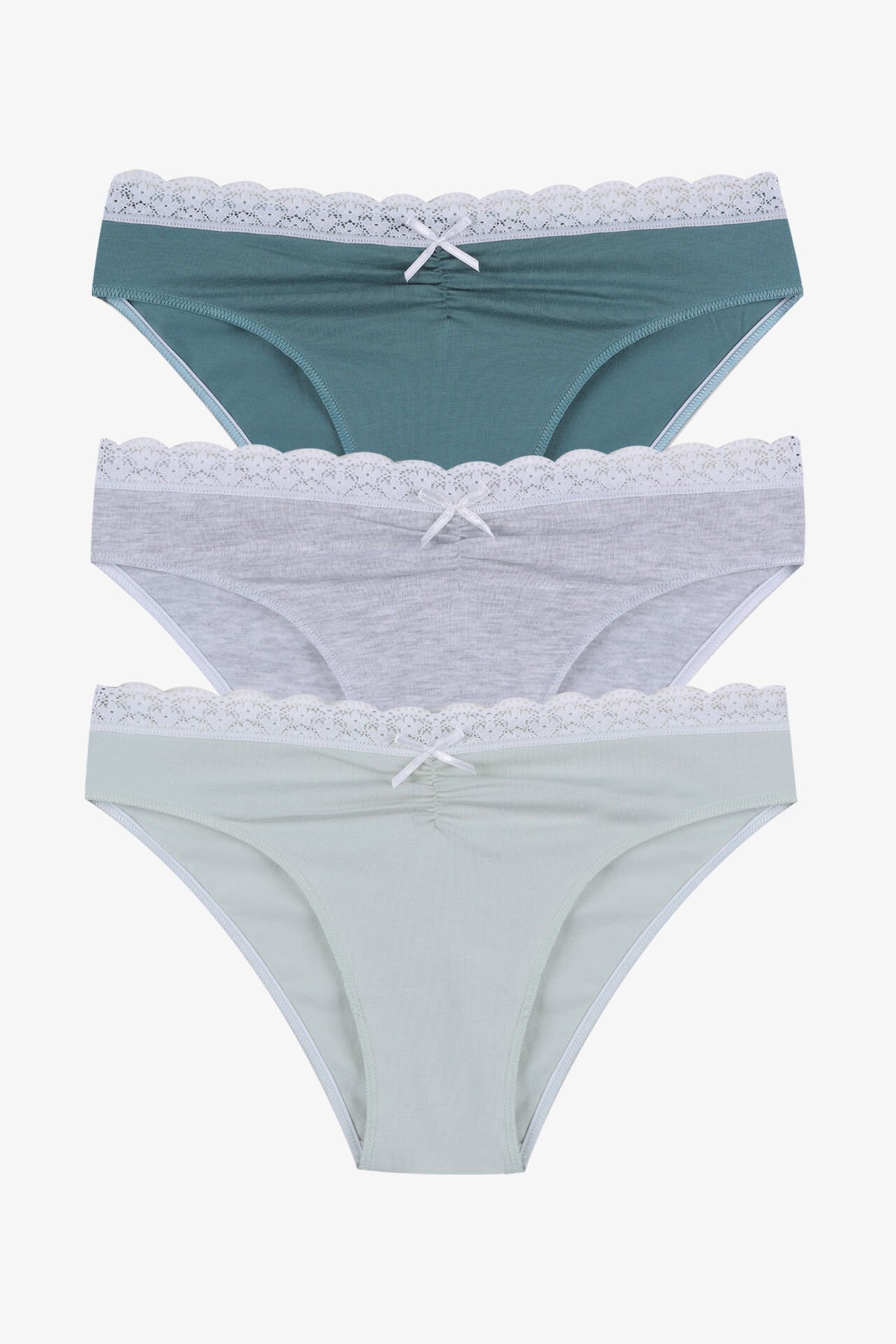 Kadın Ön Bel Dantelli Büzgülü ve Fiyonk Detaylı Lastikli Külot 3'lü XL - Yeşil - Gri