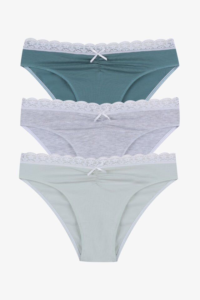 Kadın Ön Bel Dantelli Büzgülü ve Fiyonk Detaylı Lastikli Külot 3'lü XL - Yeşil - Gri