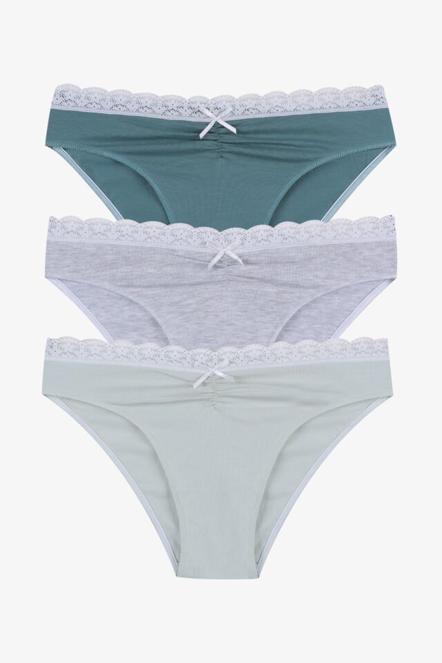 Kadın Ön Bel Dantelli Büzgülü ve Fiyonk Detaylı Lastikli Külot 3'lü XL - Yeşil - Gri