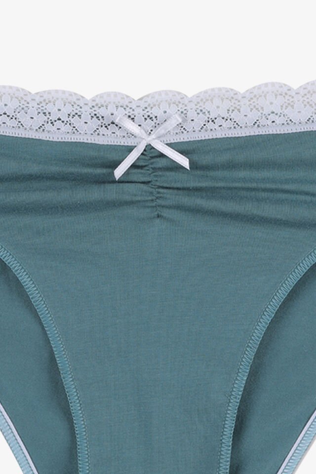 Kadın Ön Bel Dantelli Büzgülü ve Fiyonk Detaylı Lastikli Külot 3'lü XL - Yeşil - Gri