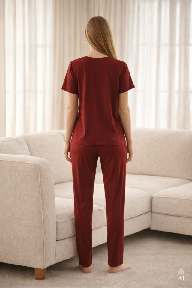 Kadın Viskon Yumuşak Dokulu Kısa Kollu Dantel Detaylı Pijama Takım KO70118 Bordo - M - KO70118 Bordo - M