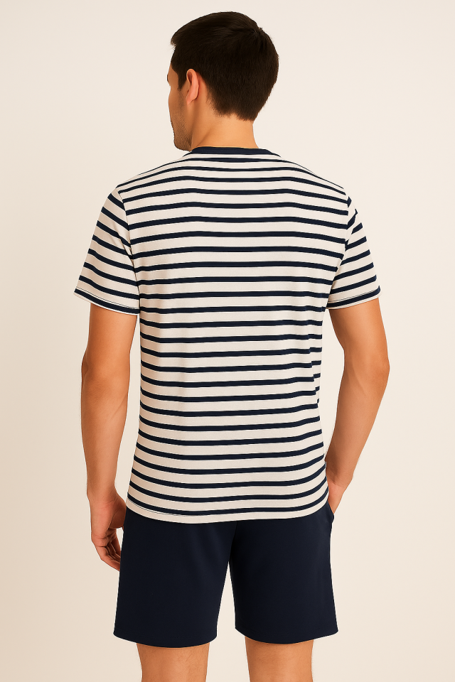 Erkek Pamuklu Lacivert Çizgili Şort Takım