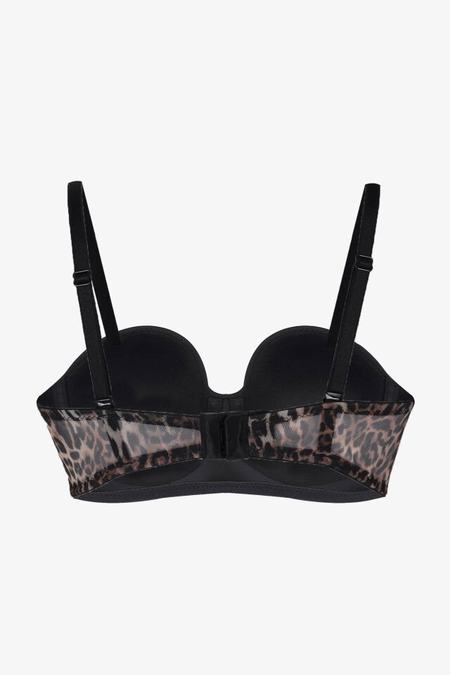 Kadın Dolgusuz Tül Detaylı Leopar Desenli Toparlayıcı Straplez Sütyen