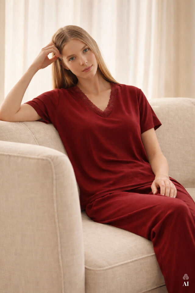 Kadın Viskon Yumuşak Dokulu Kısa Kollu Dantel Detaylı Pijama Takım KO70118 Bordo - XL - KO70118 Bordo - XL