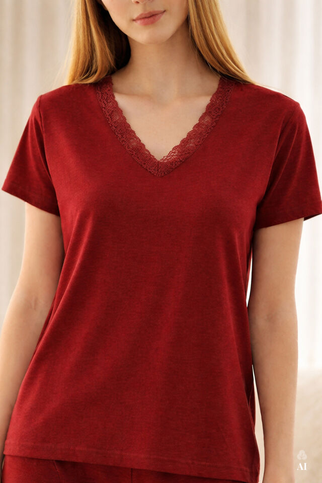 Kadın Viskon Yumuşak Dokulu Kısa Kollu Dantel Detaylı Pijama Takım KO70118 Bordo - XL - KO70118 Bordo - XL