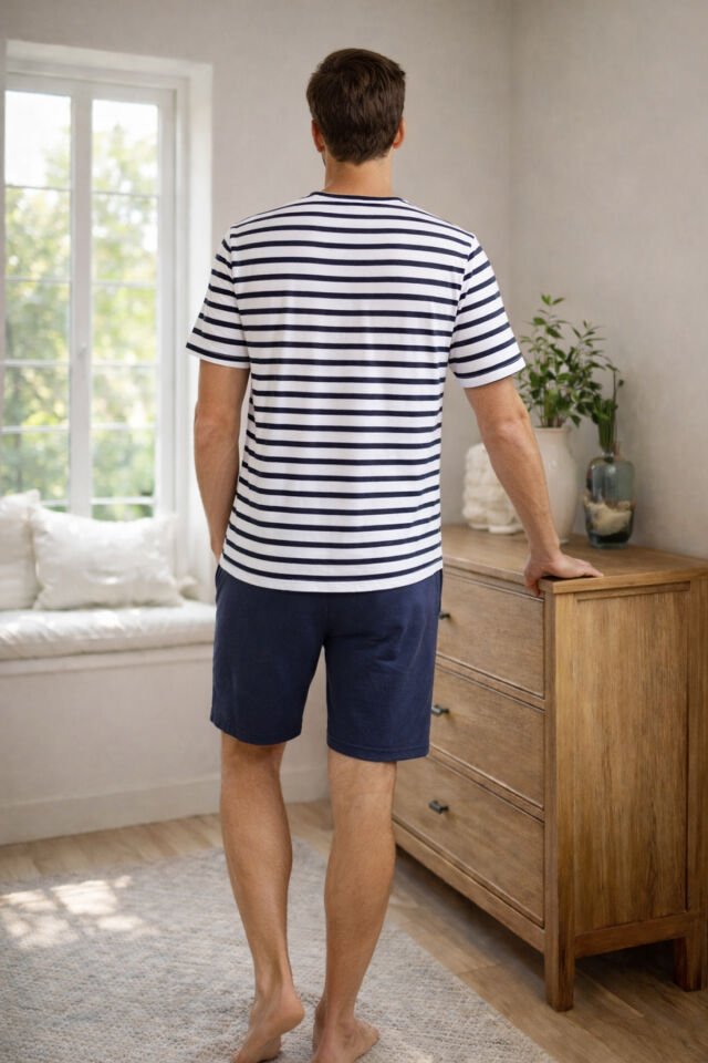 Erkek Pamuklu Lacivert Çizgili Şort Takım M
