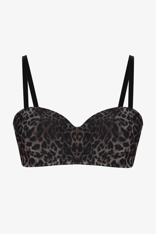 Kadın Dolgusuz Tül Detaylı Leopar Desenli Toparlayıcı Straplez Sütyen 80B - Siyah - Kahverengi