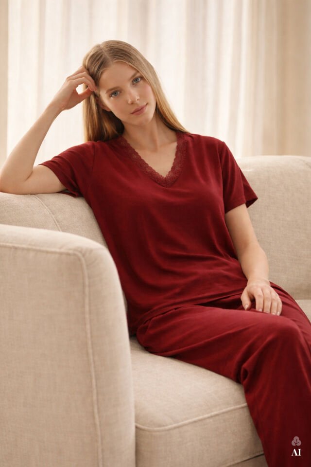 Kadın Viskon Yumuşak Dokulu Kısa Kollu Dantel Detaylı Pijama Takım KO70118 Bordo - L - KO70118 Bordo - L