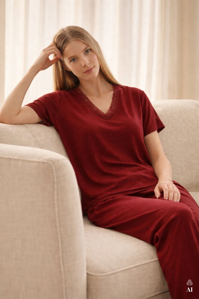 Kadın Viskon Yumuşak Dokulu Kısa Kollu Dantel Detaylı Pijama Takım KO70118 Bordo - L - KO70118 Bordo - L