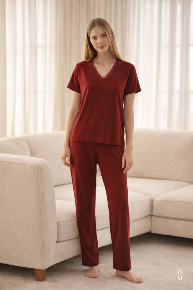 Kadın Viskon Yumuşak Dokulu Kısa Kollu Dantel Detaylı Pijama Takım KO70118 Bordo - L - KO70118 Bordo - L