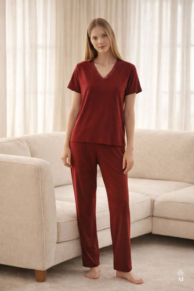 Kadın Viskon Yumuşak Dokulu Kısa Kollu Dantel Detaylı Pijama Takım KO70118 Bordo - L - KO70118 Bordo - L