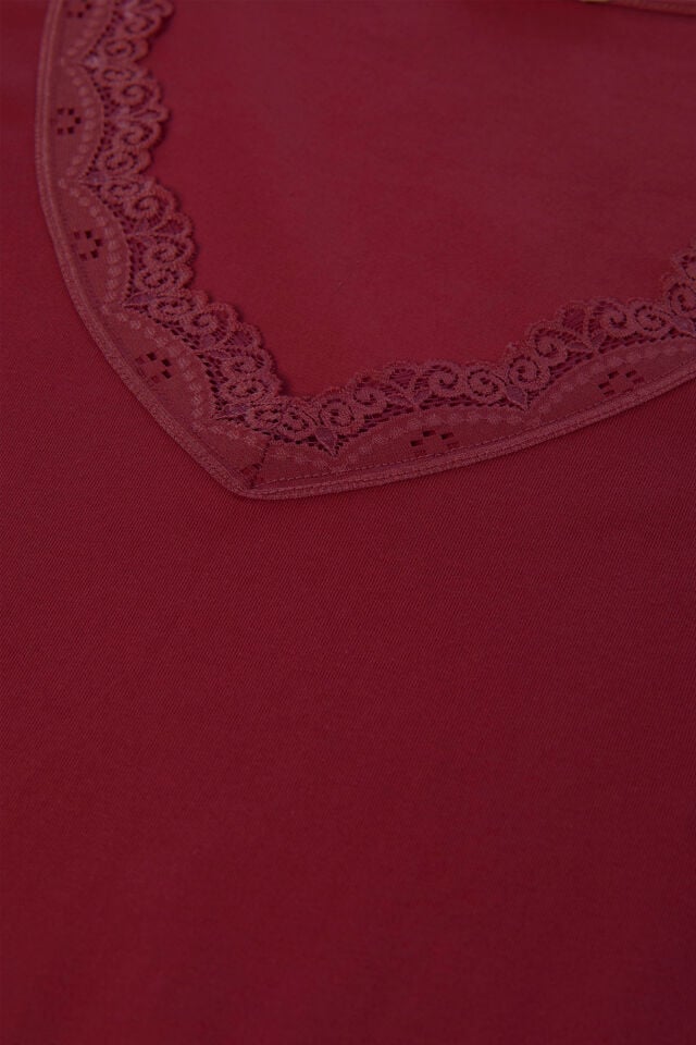Kadın Viskon Yumuşak Dokulu Kısa Kollu Dantel Detaylı Pijama Takım KO70118 Bordo - L - KO70118 Bordo - L
