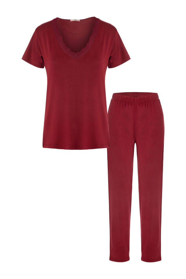 Kadın Viskon Yumuşak Dokulu Kısa Kollu Dantel Detaylı Pijama Takım KO70118 Bordo - L - KO70118 Bordo - L