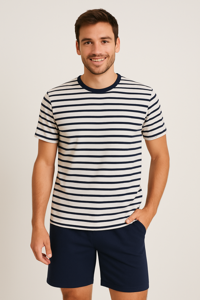 Erkek Pamuklu Lacivert Çizgili Şort Takım 2XL