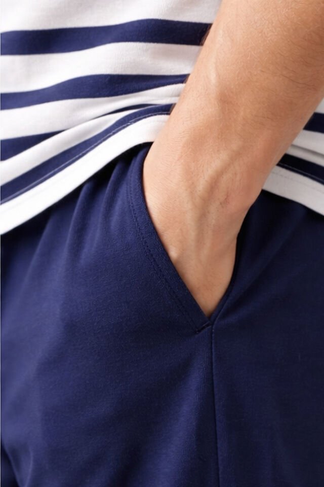 Erkek Pamuklu Lacivert Çizgili Şort Takım 2XL