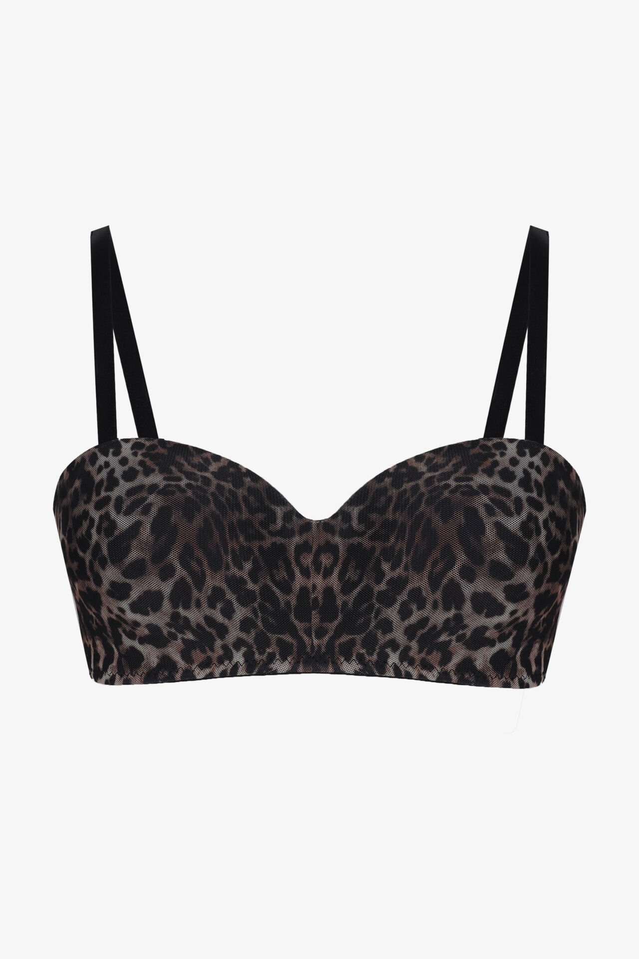 Kadın Dolgusuz Tül Detaylı Leopar Desenli Toparlayıcı Straplez Sütyen 95B - Siyah - Kahverengi