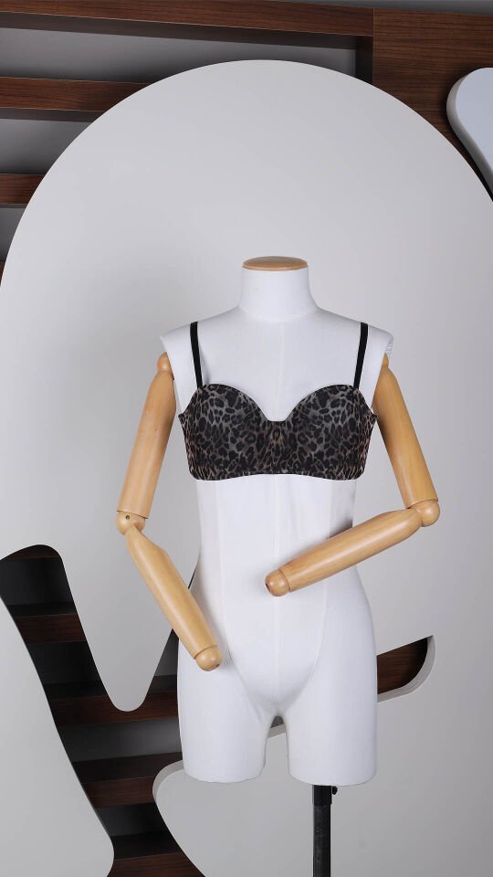 Kadın Dolgusuz Tül Detaylı Leopar Desenli Toparlayıcı Straplez Sütyen 95B - Siyah - Kahverengi