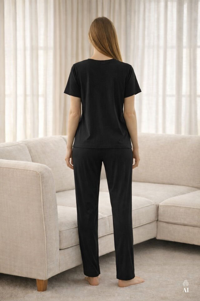 Kadın Viskon Yumuşak Dokulu Kısa Kollu Dantel Detaylı Pijama Takım KO70118 Siyah - M - KO70118 Siyah - M