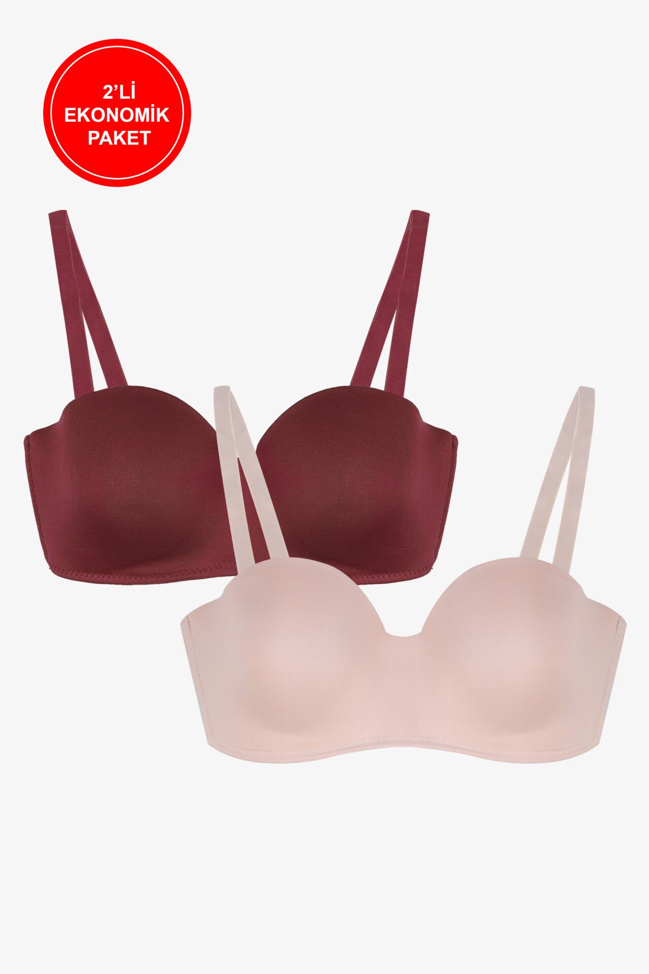 2'Lİ PAKET - Kadın Dolgusuz Mikro Straplez Sütyen 85B - Bordo-Ten