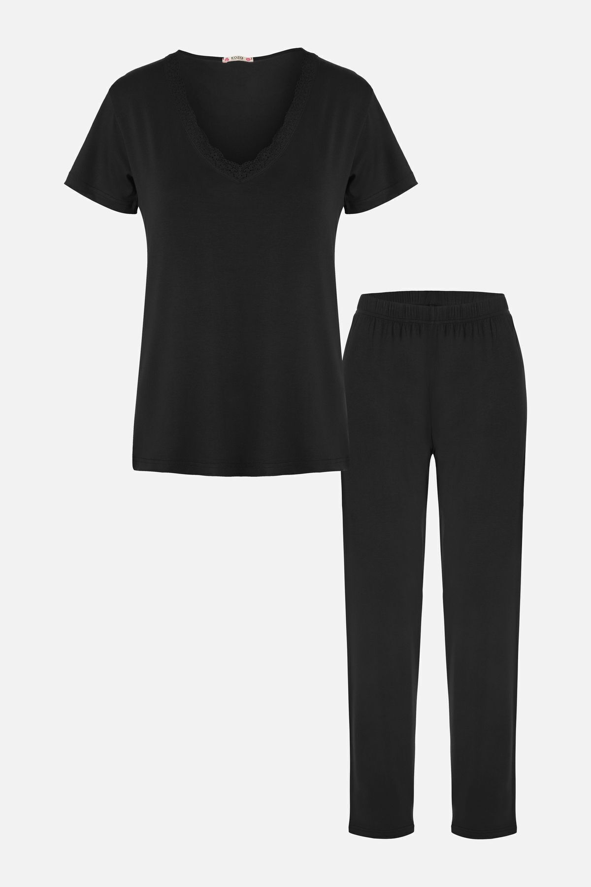 Kadın Viskon Yumuşak Dokulu Kısa Kollu Dantel Detaylı Pijama Takım KO70118 Siyah - S - KO70118 Siyah - S