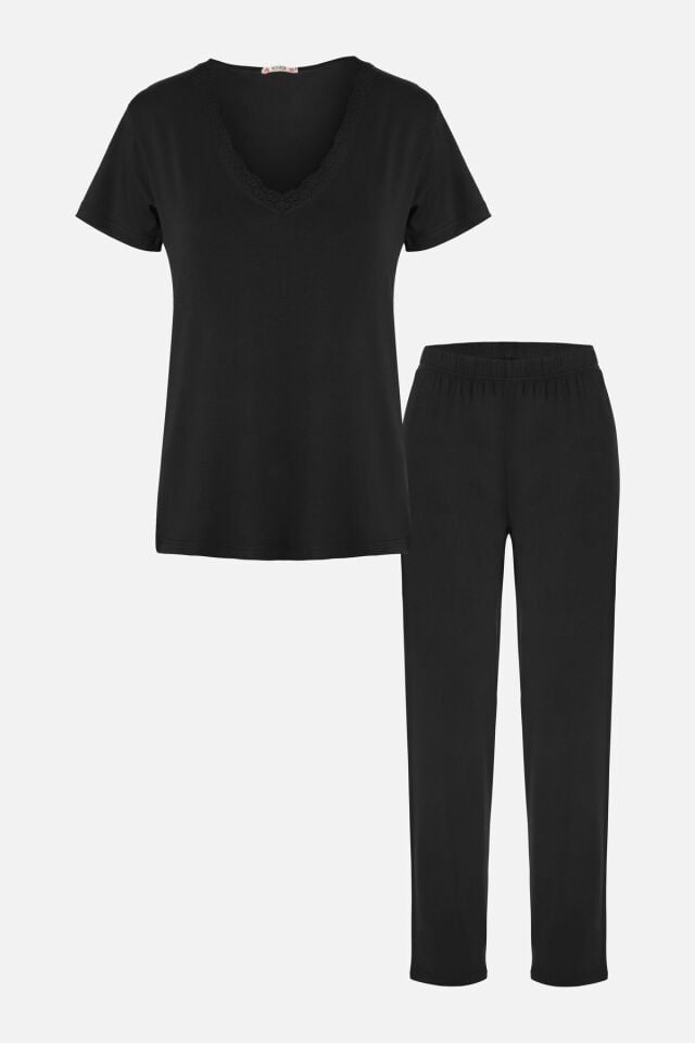 Kadın Viskon Yumuşak Dokulu Kısa Kollu Dantel Detaylı Pijama Takım KO70118 Siyah - S - KO70118 Siyah - S
