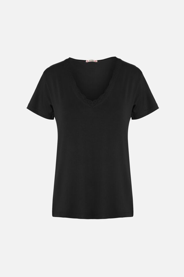 Kadın Viskon Yumuşak Dokulu Kısa Kollu Dantel Detaylı Pijama Takım KO70118 Siyah - S - KO70118 Siyah - S