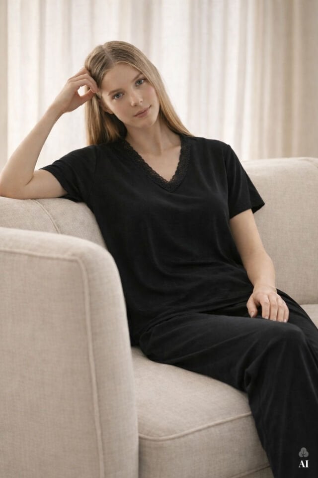 Kadın Viskon Yumuşak Dokulu Kısa Kollu Dantel Detaylı Pijama Takım KO70118 Siyah - S - KO70118 Siyah - S