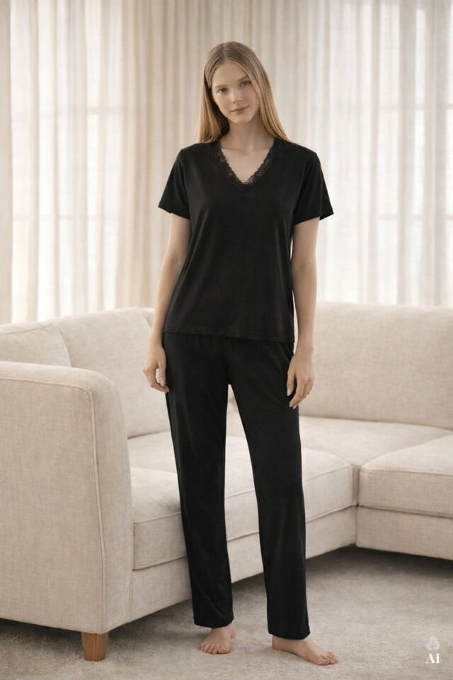 Kadın Viskon Yumuşak Dokulu Kısa Kollu Dantel Detaylı Pijama Takım KO70118 Siyah - S - KO70118 Siyah - S