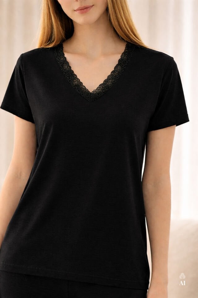 Kadın Viskon Yumuşak Dokulu Kısa Kollu Dantel Detaylı Pijama Takım KO70118 Siyah - S - KO70118 Siyah - S