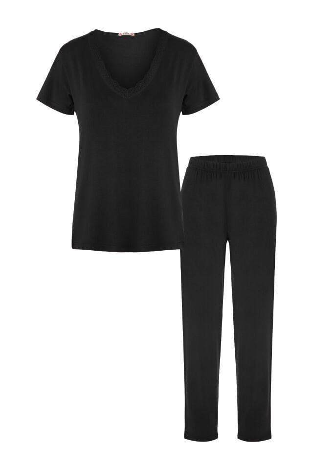 Kadın Viskon Yumuşak Dokulu Kısa Kollu Dantel Detaylı Pijama Takım KO70118 Siyah - S - KO70118 Siyah - S