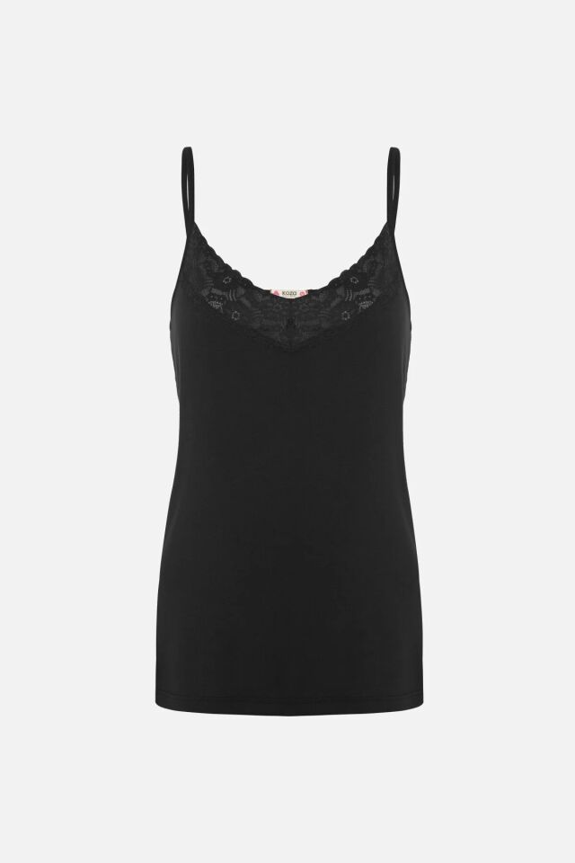 Kadın Viskon - Yumuşak Dokulu İp Askılı Dantel Detaylı Şortlu Takım KO70117 Siyah - XL - KO70117 Siyah - XL