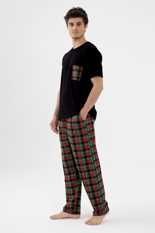 Erkek Kısa Kollu Pamuklu Ön Cep Detaylı Yeşil - Kırmızı Ekose Desenli Pijama Takımı Siyah - Yeşil - Kırmızı - 2XL