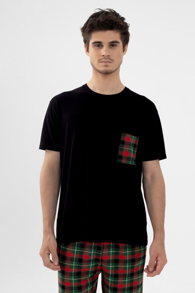 Erkek Kısa Kollu Pamuklu Ön Cep Detaylı Yeşil - Kırmızı Ekose Desenli Pijama Takımı Siyah - Yeşil - Kırmızı - 2XL