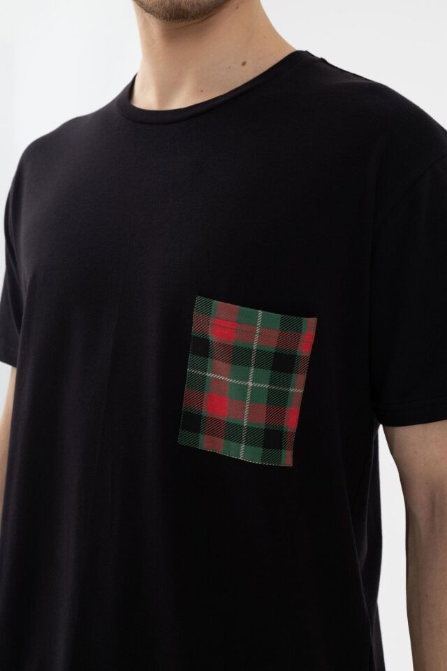 Erkek Kısa Kollu Pamuklu Ön Cep Detaylı Yeşil - Kırmızı Ekose Desenli Pijama Takımı Siyah - Yeşil - Kırmızı - 2XL