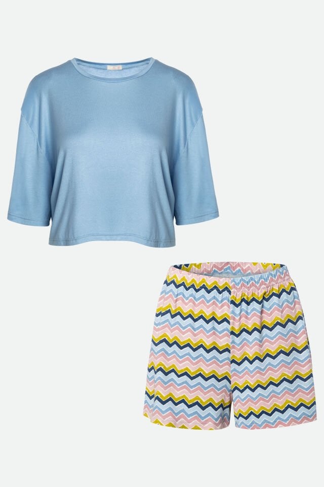 Kadın Pamuklu Kısa Kollu Şortlu Pijama Takımı S - Mavi -Sarı