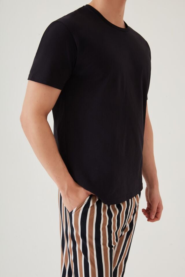 Erkek Kısa Kollu Pamuklu Cepli Çizgili Desenli Pijama Takımı Kahverengi - Siyah - S