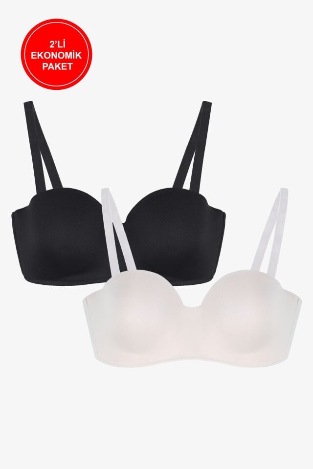 2'Lİ PAKET - Kadın Dolgusuz Mikro Straplez Sütyen 95B - Siyah-Ekru